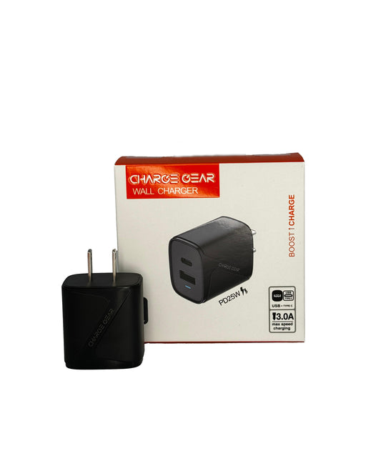 CHARGE GEAR WALL ADAPTOR USB + TYPE C - BLACK 25W FAST CHARGER