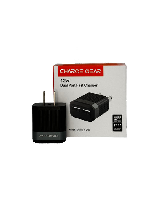 CHARGE GEAR WALL ADAPTOR - BLACK - 12W DUAL PORT FAST CHARGER